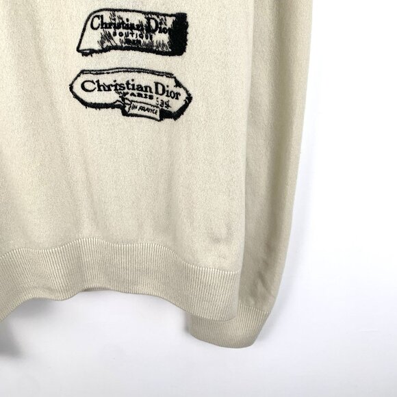 CHRISTIAN DIOR Logo Label Print Beige Wool Crewneck Sweater Size L Made In Italy - Picture 5 of 7